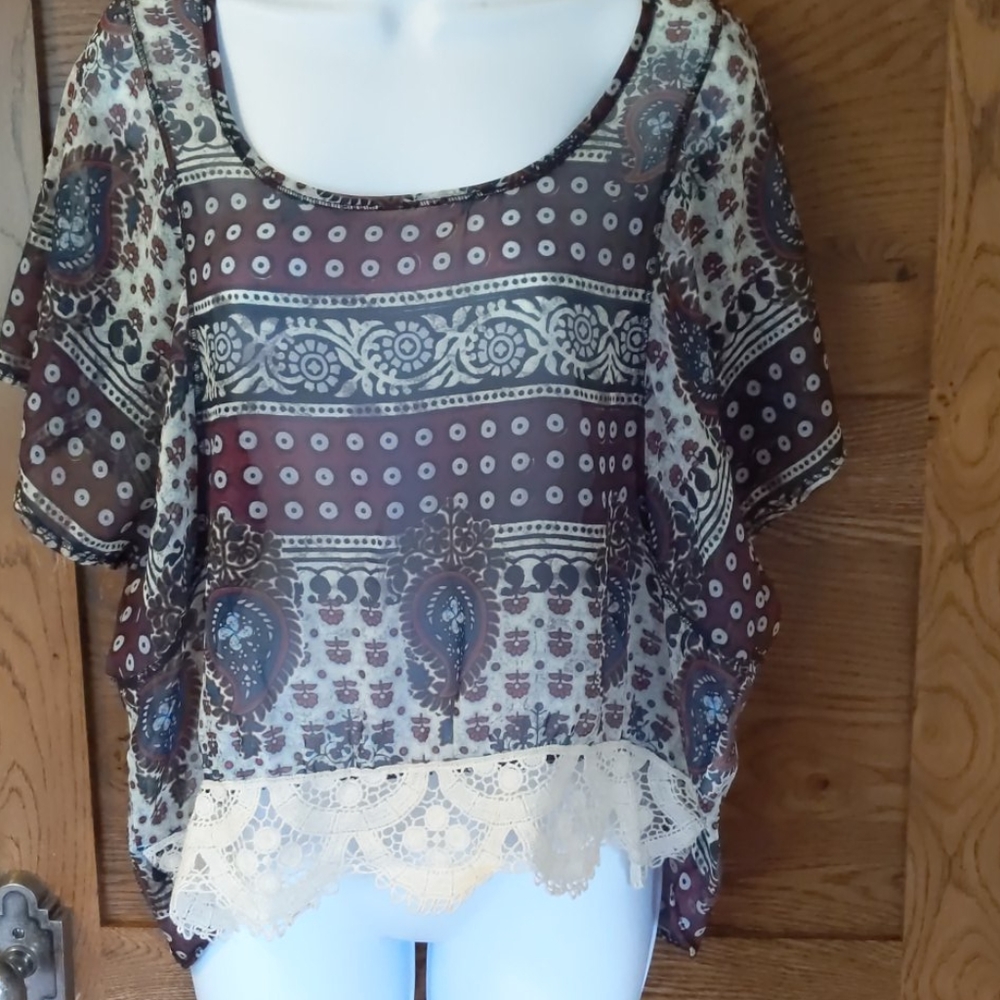 Sundance Catalog Sheer Lace Trim Blouse